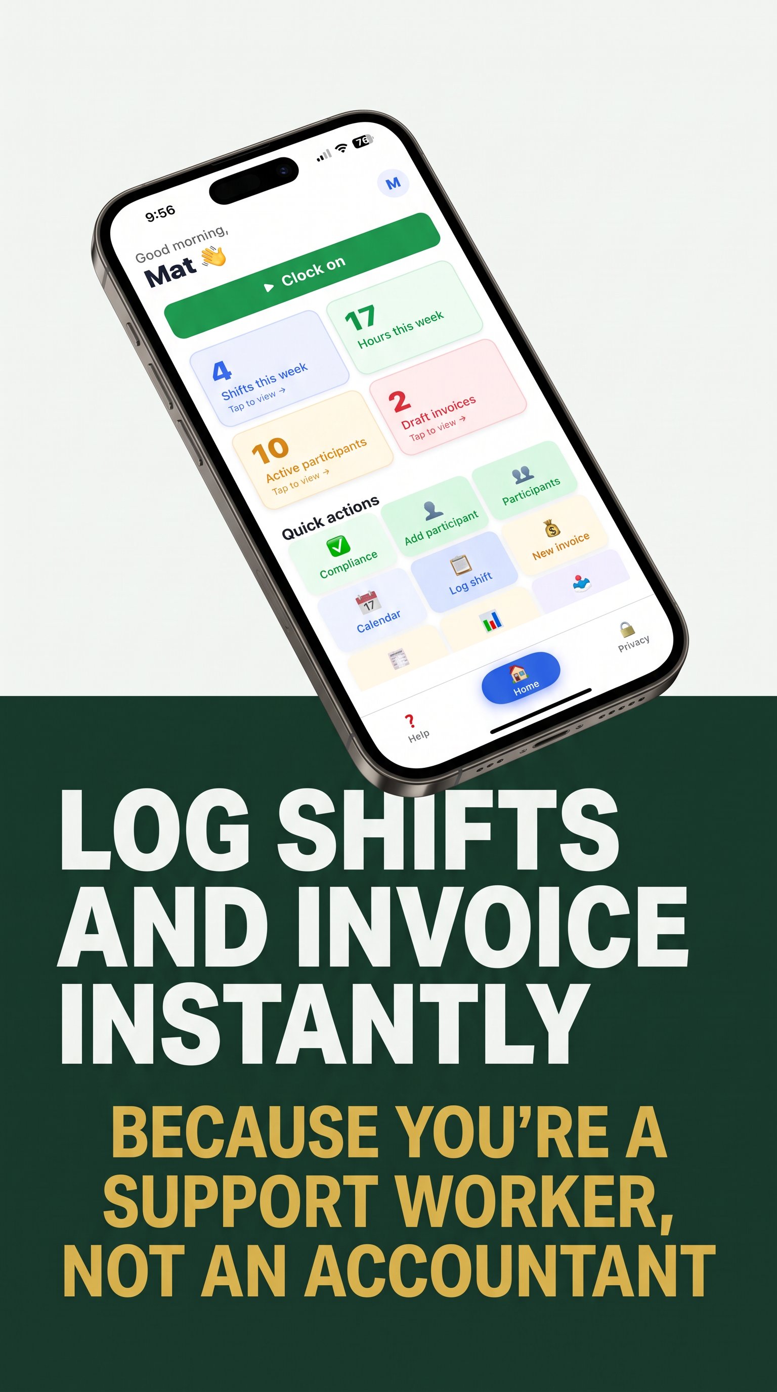 MyWattle app — shift log and invoice screen